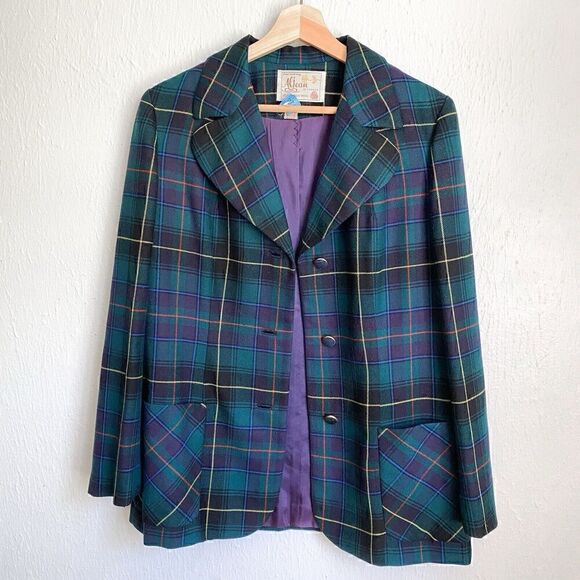 Vintage Tartan Plaid Pure Virgin Wool Blazer Women’s Med Green Single Breasted - Picture 9 of 9